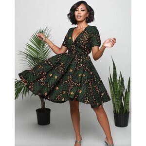 Tribalbyn African Print Short Sleeve Wrap Dress Green Black Orange Sz Medium
